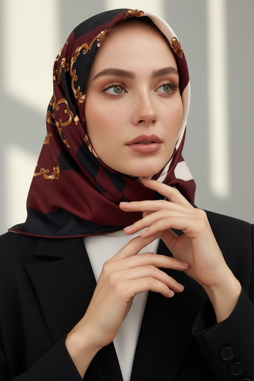 Twill Gold Detaylı Kare Desenli Siyah - Bordo Renkli 90x90 Eşarp (İpek İçermez) Kenar Dikiş Şekli El Dikişli