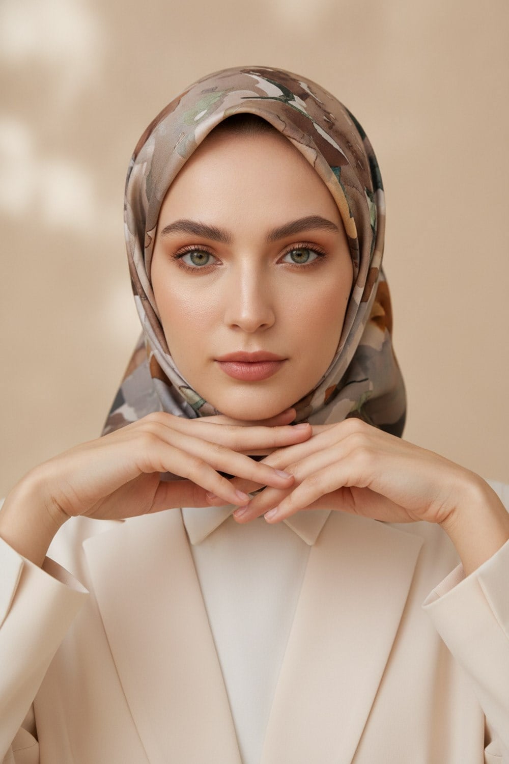 % 57 İPEK % 43 VİSKON Twill İpek Sulu Boyalı Çiçek Desenli Vizon - Turuncu Renkli 90x90 Eşarp Dikim Şekli : El Dikişi