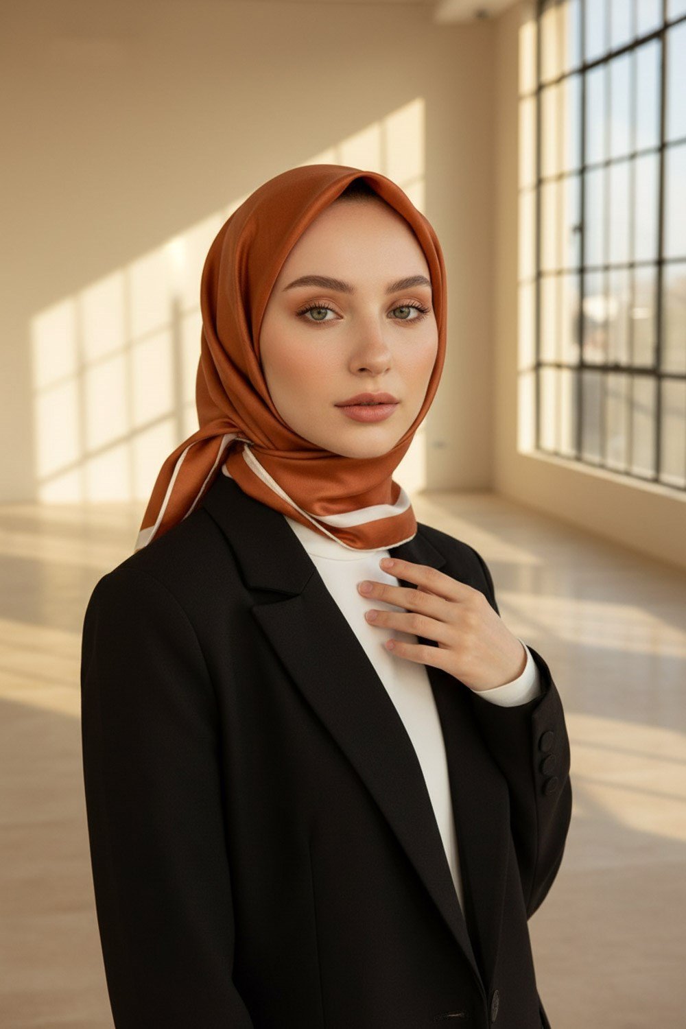 100% Twill İpek Düz Renk Bordür Desenli Taba - Krem Renkli Daha Tok Exclusive Serisi 90x90 Dikim Şekli : El Dikişi Eşarp