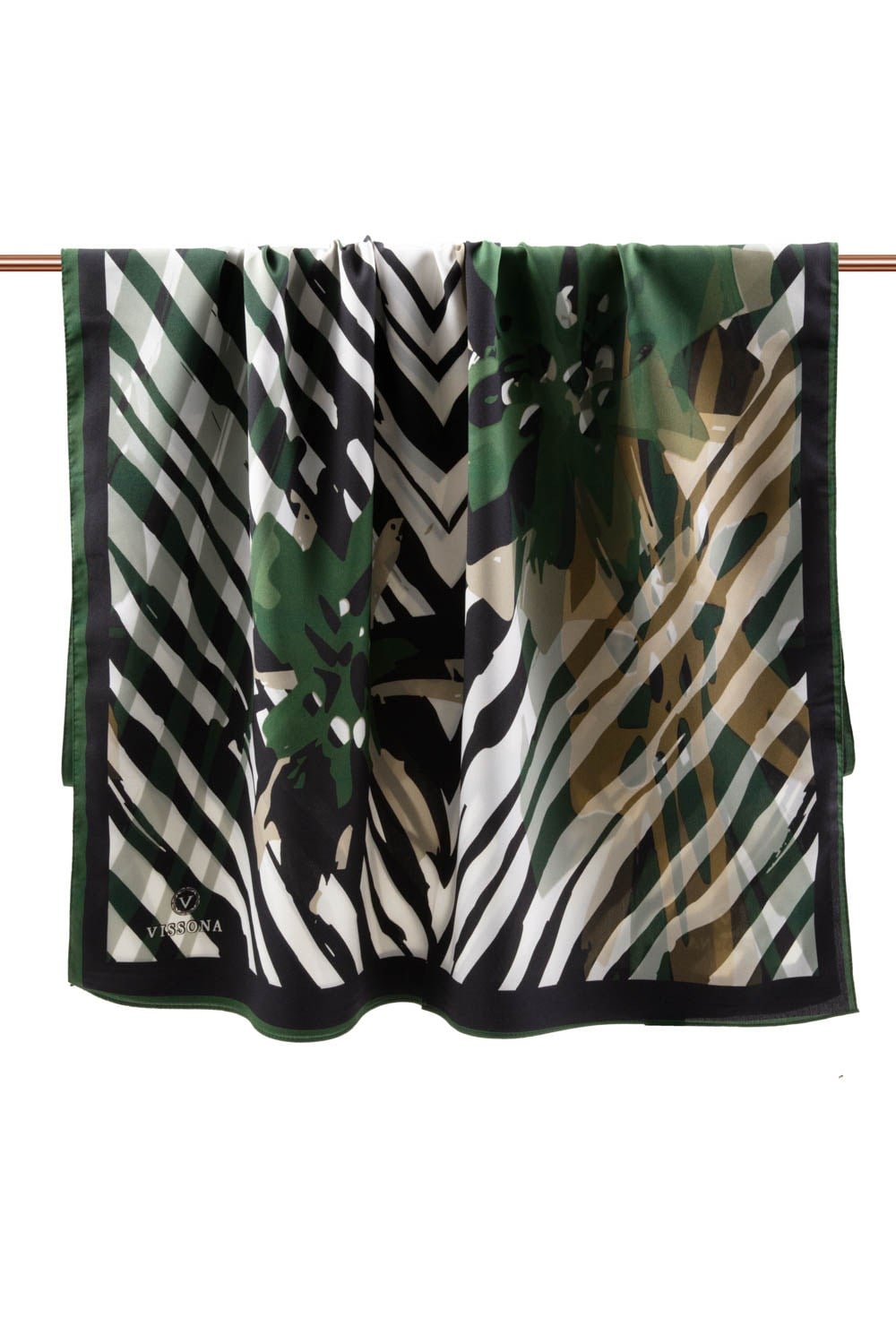 KREP ZEBRA VE ÇİÇEK DESENLİ ZÜMRÜT YEŞİLİ RENKLİ 75X195 KIRIŞMAZ ŞAL