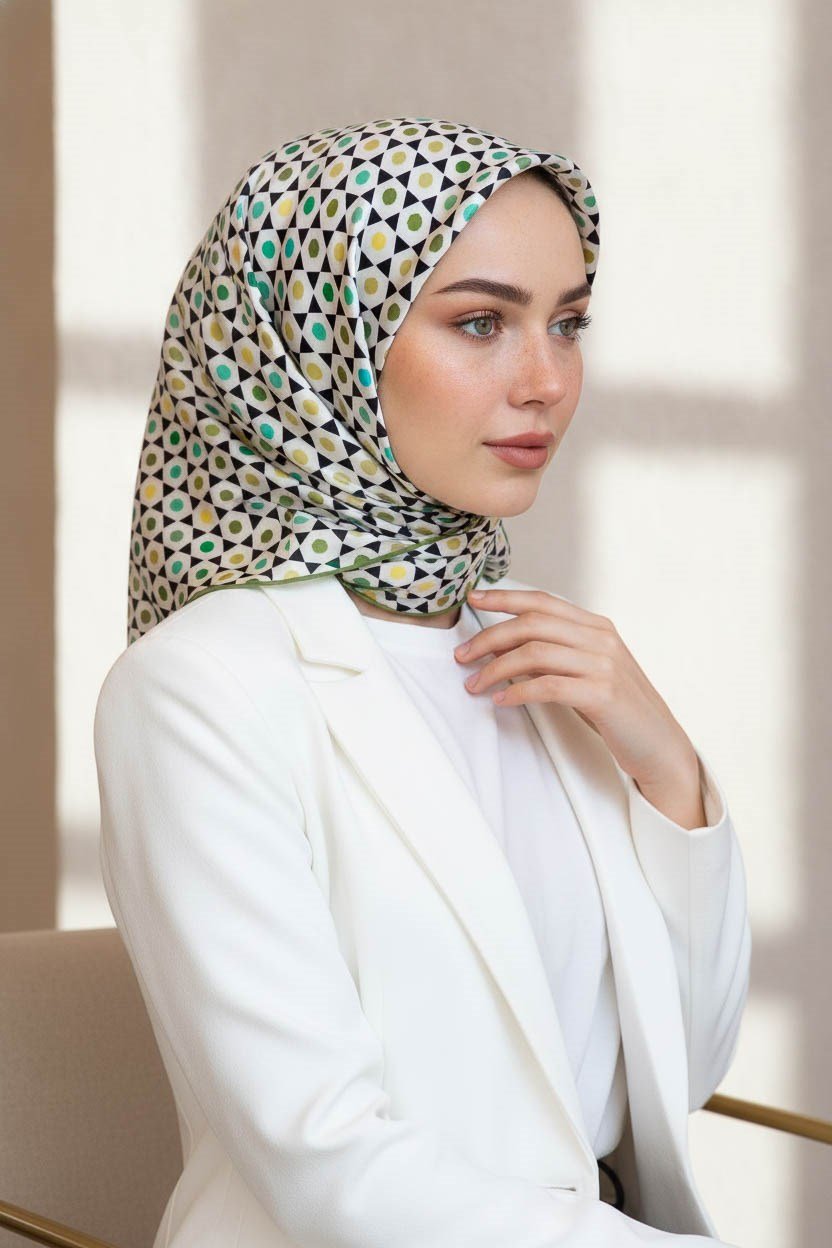 %100 Twill İpek Nokta Desenli Krem - Haki Renkli 90x90 Eşarp Dikim Şekli : El Dikişi