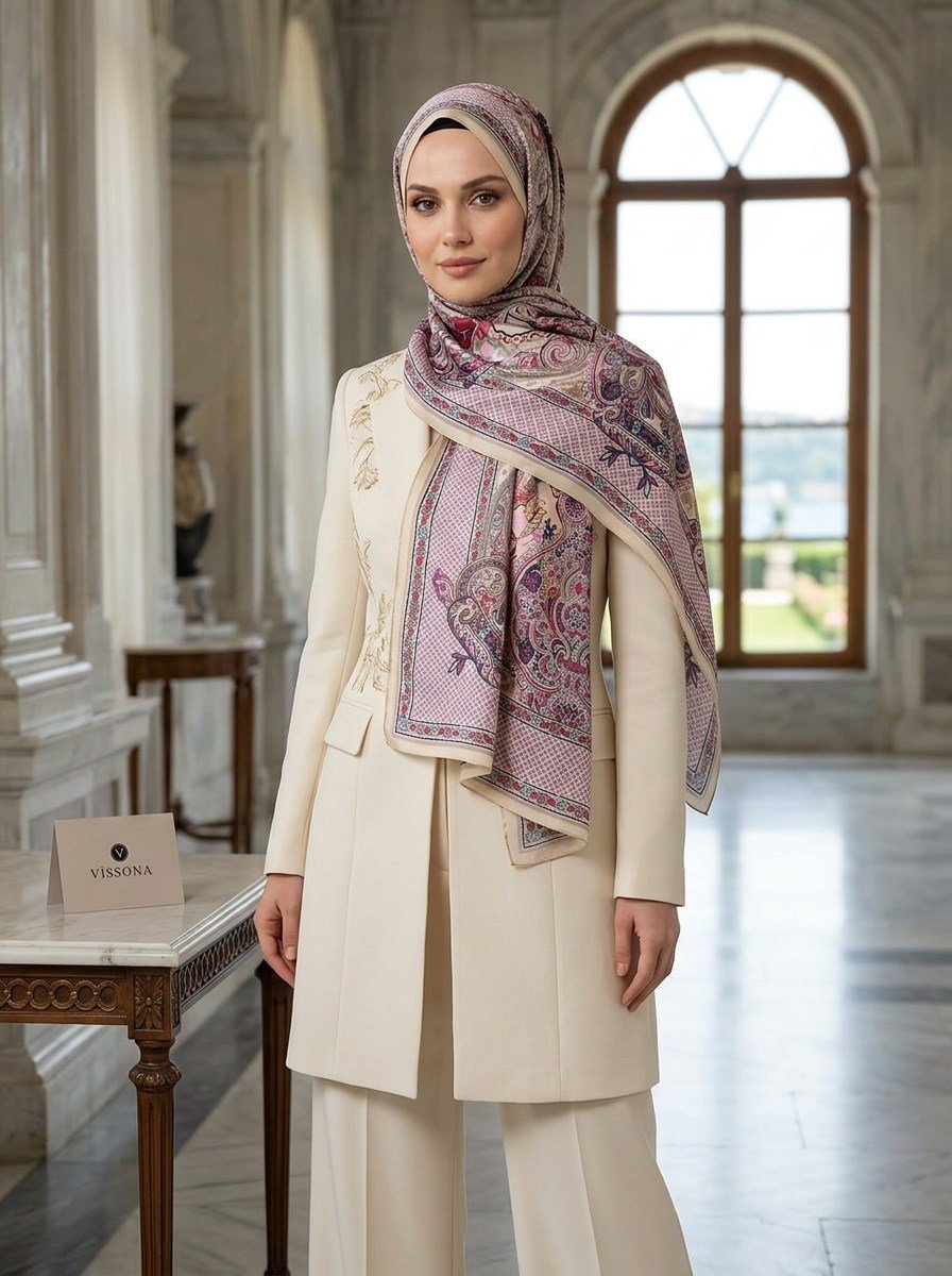 %100 Saf İpek Şal İnce Saten Vual Dokuma Etro Desenli Bej - Mürdüm Renkli 90x210 Şal