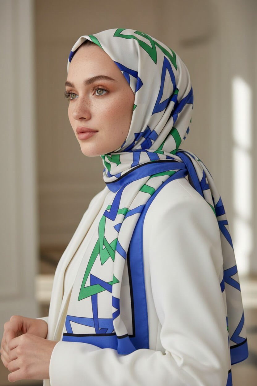 KREP GEOMETRİK DESENLİ SAKS RENKLİ 75X195 KIRIŞMAZ ŞAL