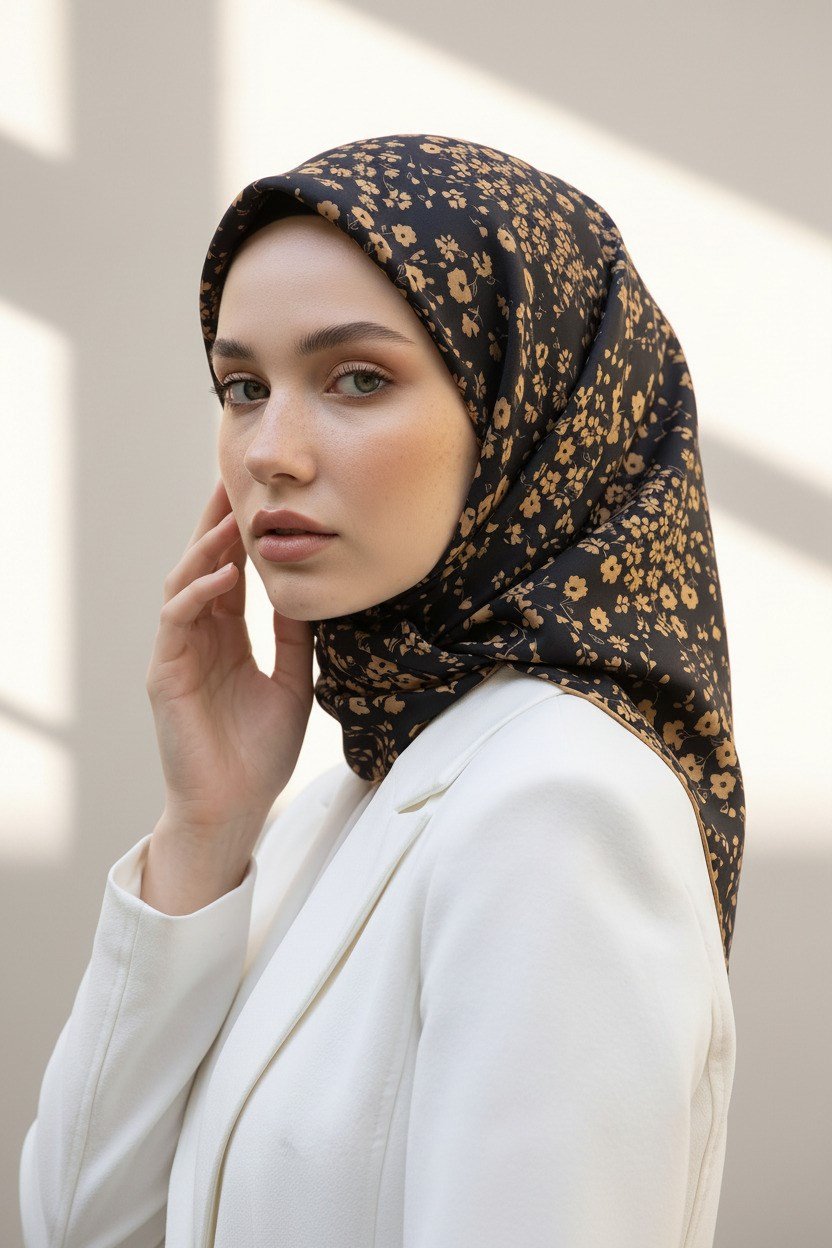 %100 Twill İpek Çıtır Çiçek Desenli Siyah - Gold Renkli 90x90 Eşarp Dikim Şekli : El Dikişi