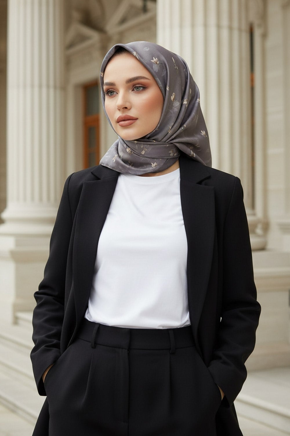 %100 Twill İpek Çiçek Desenli Gri Renkli 90x90 Eşarp Dikim Şekli : El Dikişi
