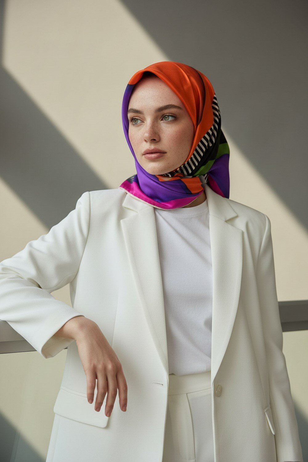 %100 Twill Renk Bloklu Çizgili Desenli Turuncu - Mor Renkli 90x90 Eşarp Dikim Şekli: El Dikişii