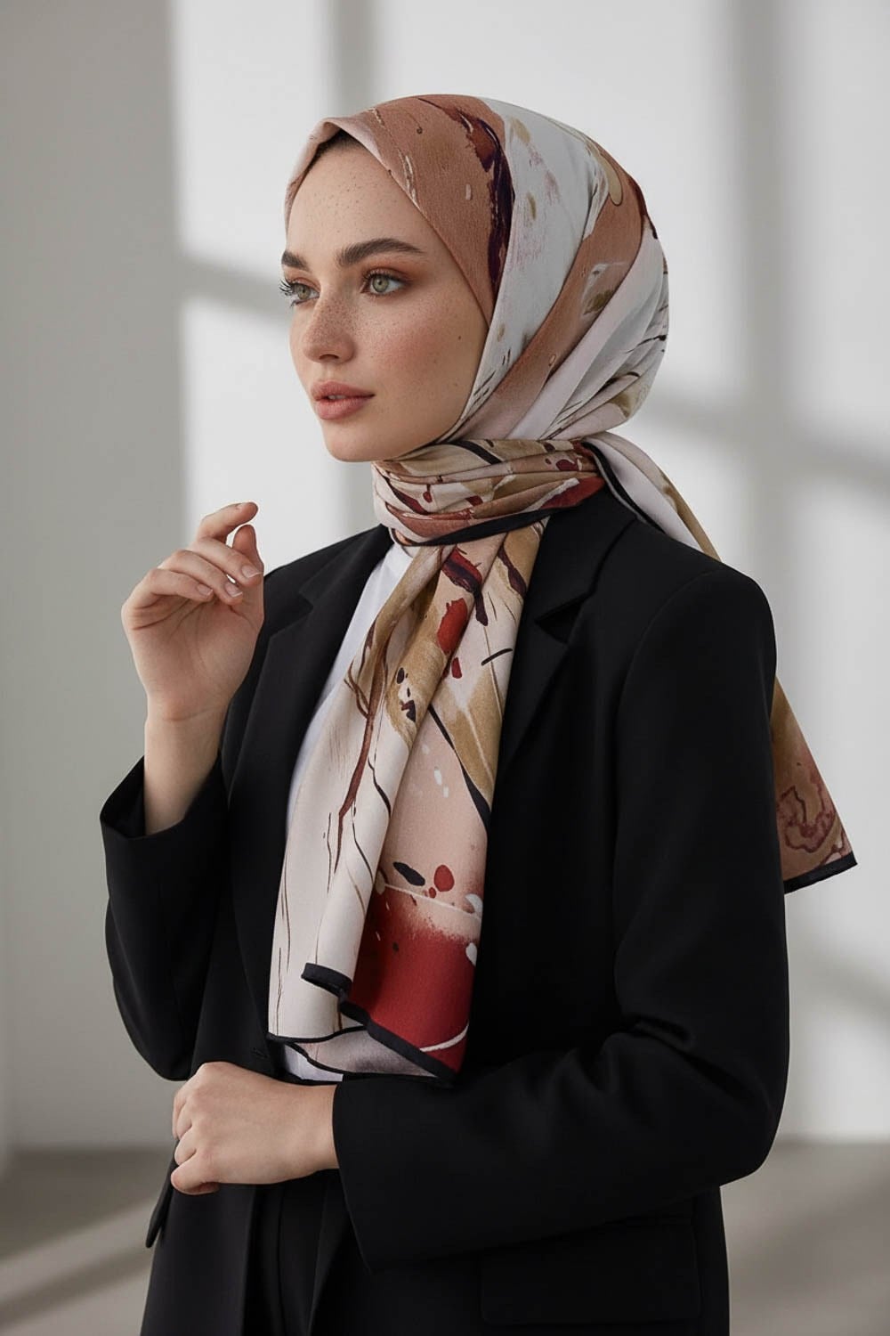 KREP BATİK DESENLİ BEJ - BORDO RENKLİ 75X195 KIRIŞMAZ ŞAL