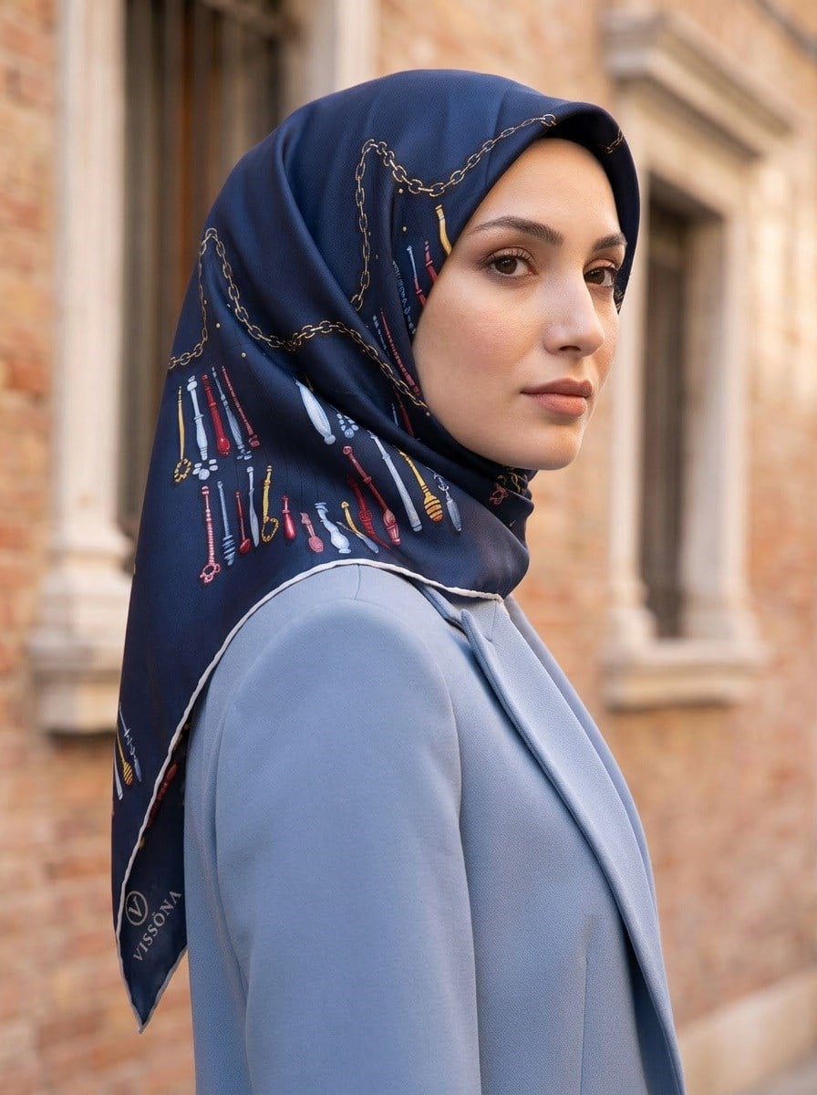 %100 Twill İpek Zincir Desenli Lacivert Renkli 90x90 Eşarp Dikim Şekli : El Dikişi