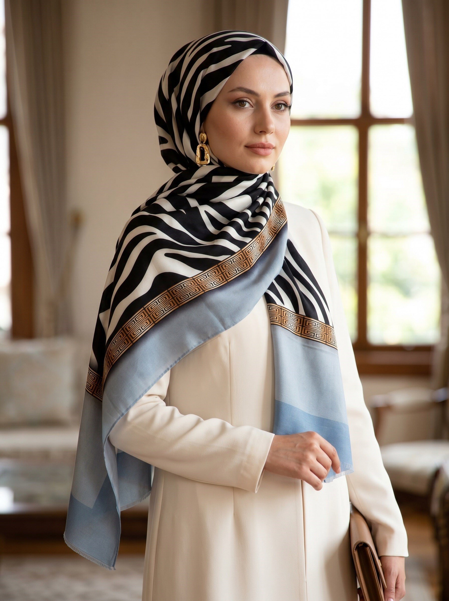 %100 Saf İpek Şal İnce Saten Vual Dokuma Zebra Desenli 90x210 Şal