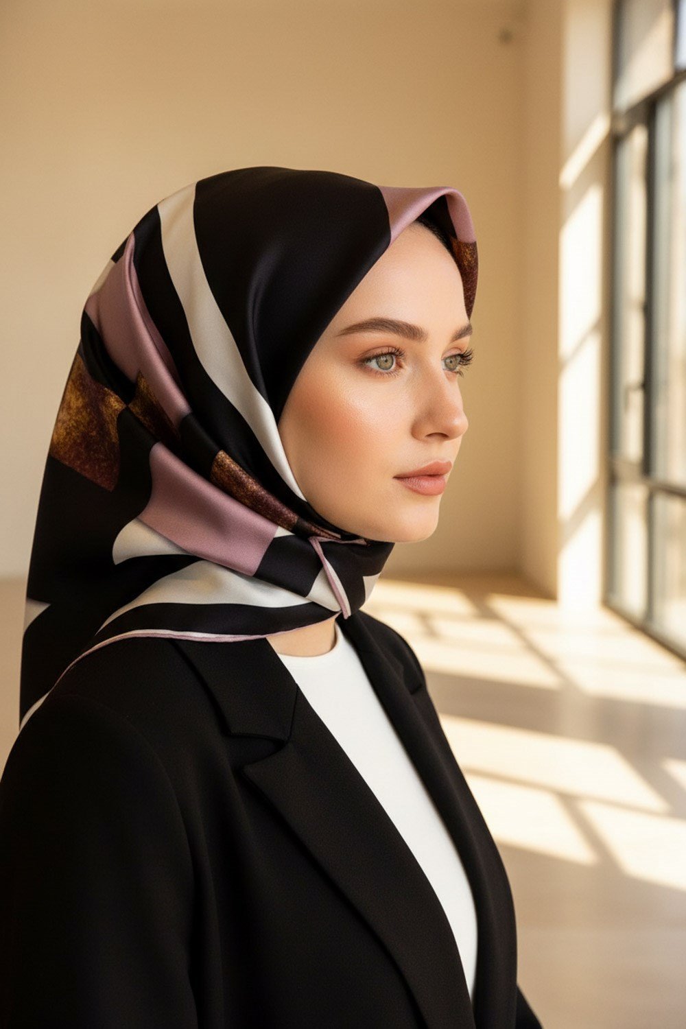%100 Twill İpek Karo Desenli Pudra - Siyah Renkli 90x90 Eşarp Dikim Şekli : El Dikişi