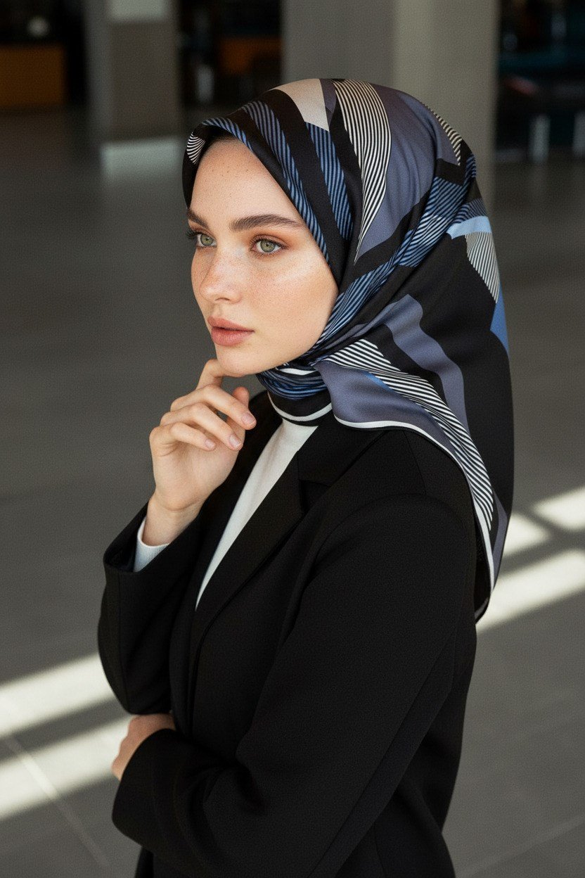 %100 Twill İpek Geometrik Desenli İndigo - Siyah Renkli 90x90 Eşarp Dikim Şekli : El Dikişi