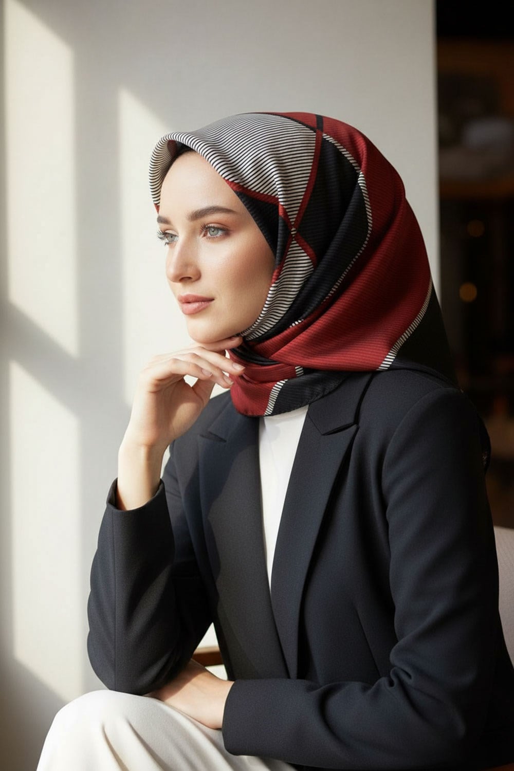 %100 Twill İpek Geometrik Desenli Bordo Renkli 90x90 Eşarp Dikim Şekli : El Dikişi
