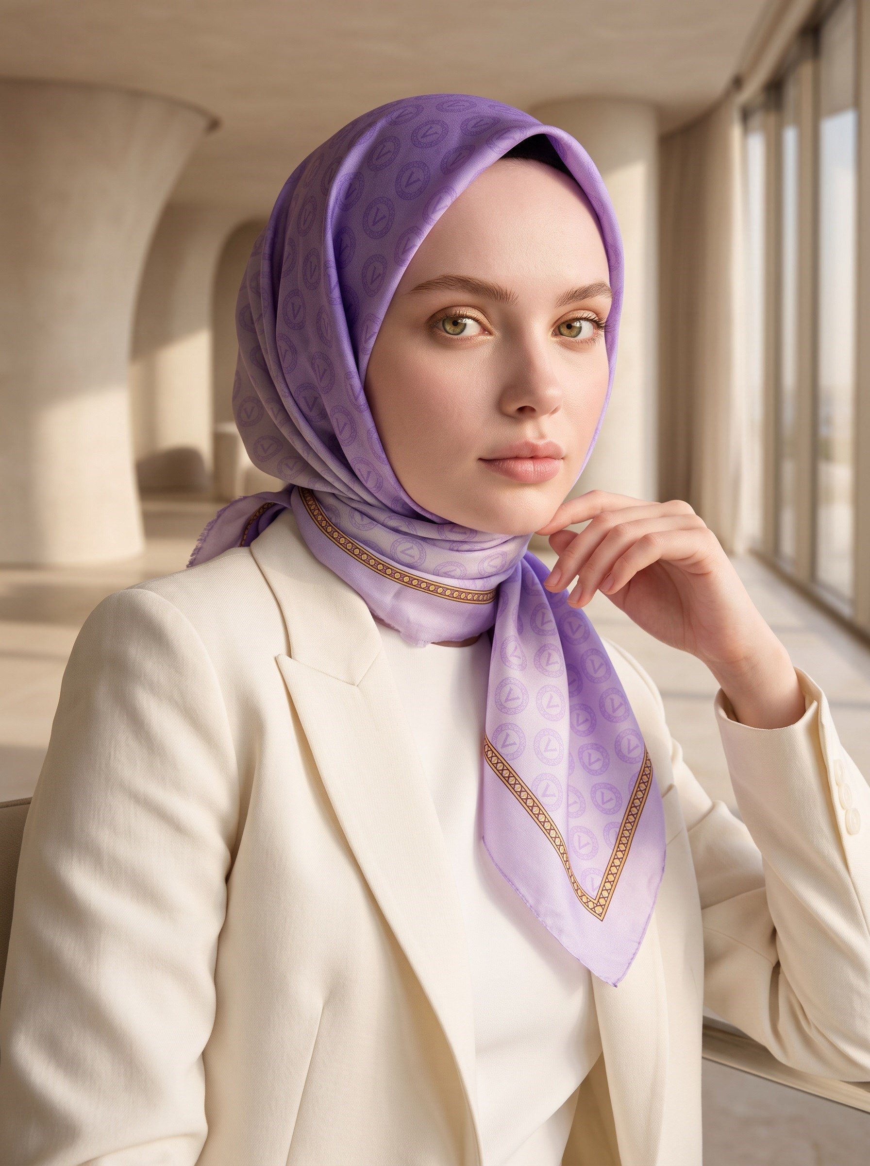 %100 Saf İpek Şal İnce Saten Vual Dokuma Degradeli Ve Monogram Desenli Lila - Gold Renkli 90x210 Şal