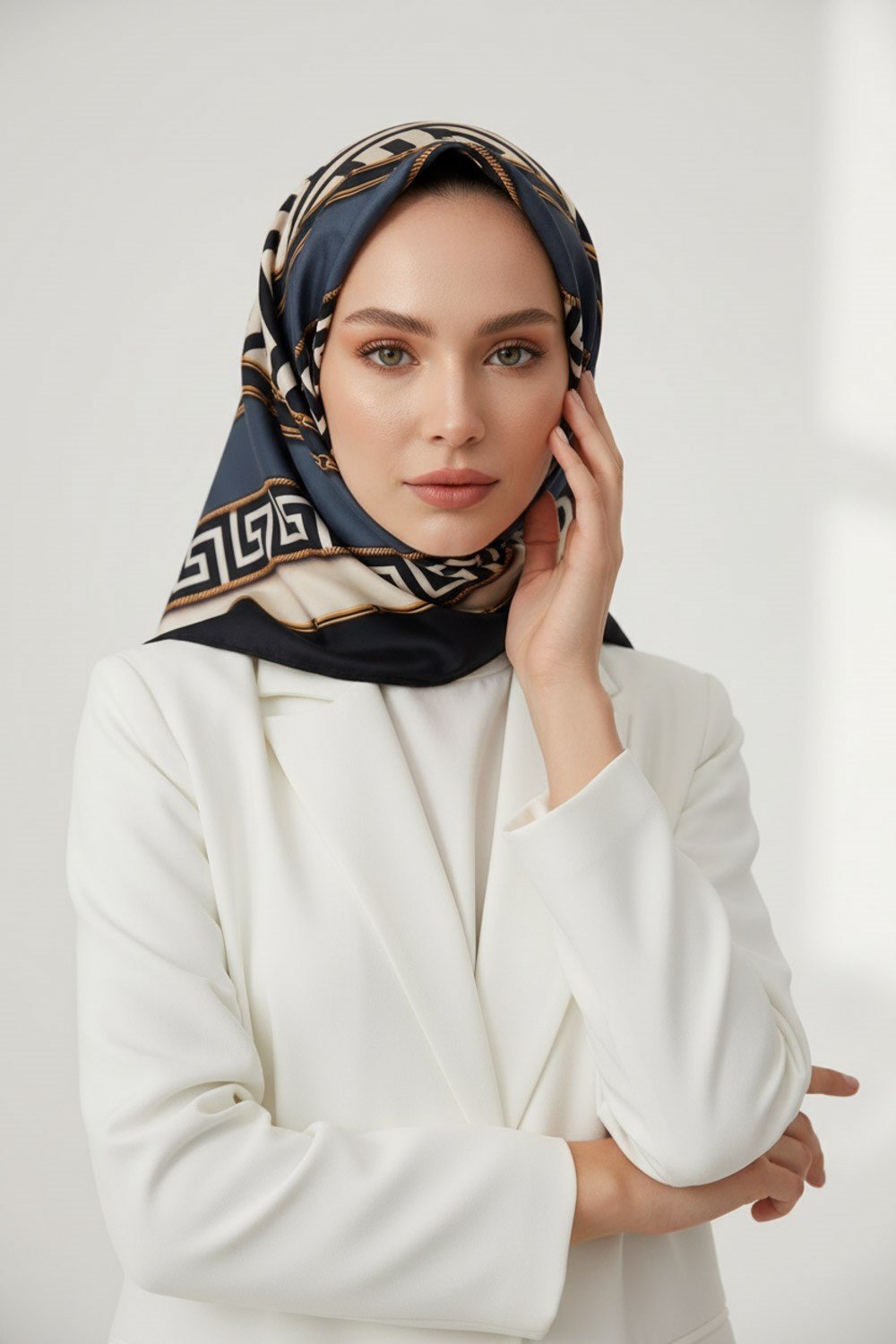 % 57 İPEK % 43 VİSKON Twill İpek Labirent Ve Geometrik Desenli Lacivert - İndigo Renkli 90x90 Eşarp Dikim Şekli : El Dikişi
