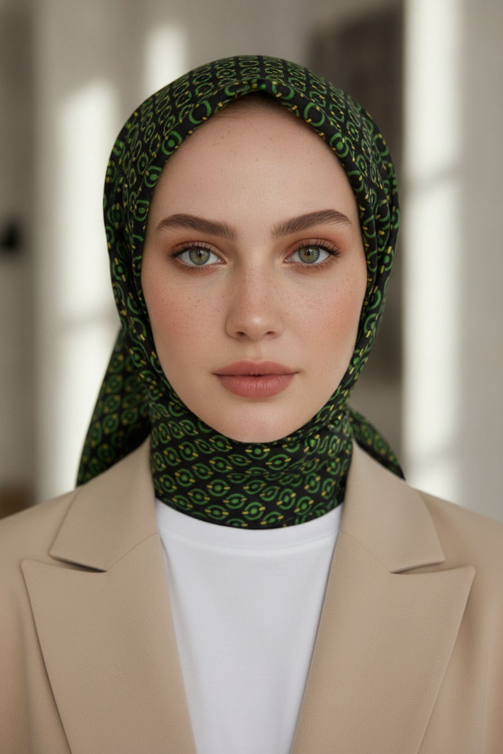 %100 Twill İpek Zincir Desenli Siyah - Zümrüt Renkli 90x90 Eşarp Kenar Dikiş Şekli El Dikişli