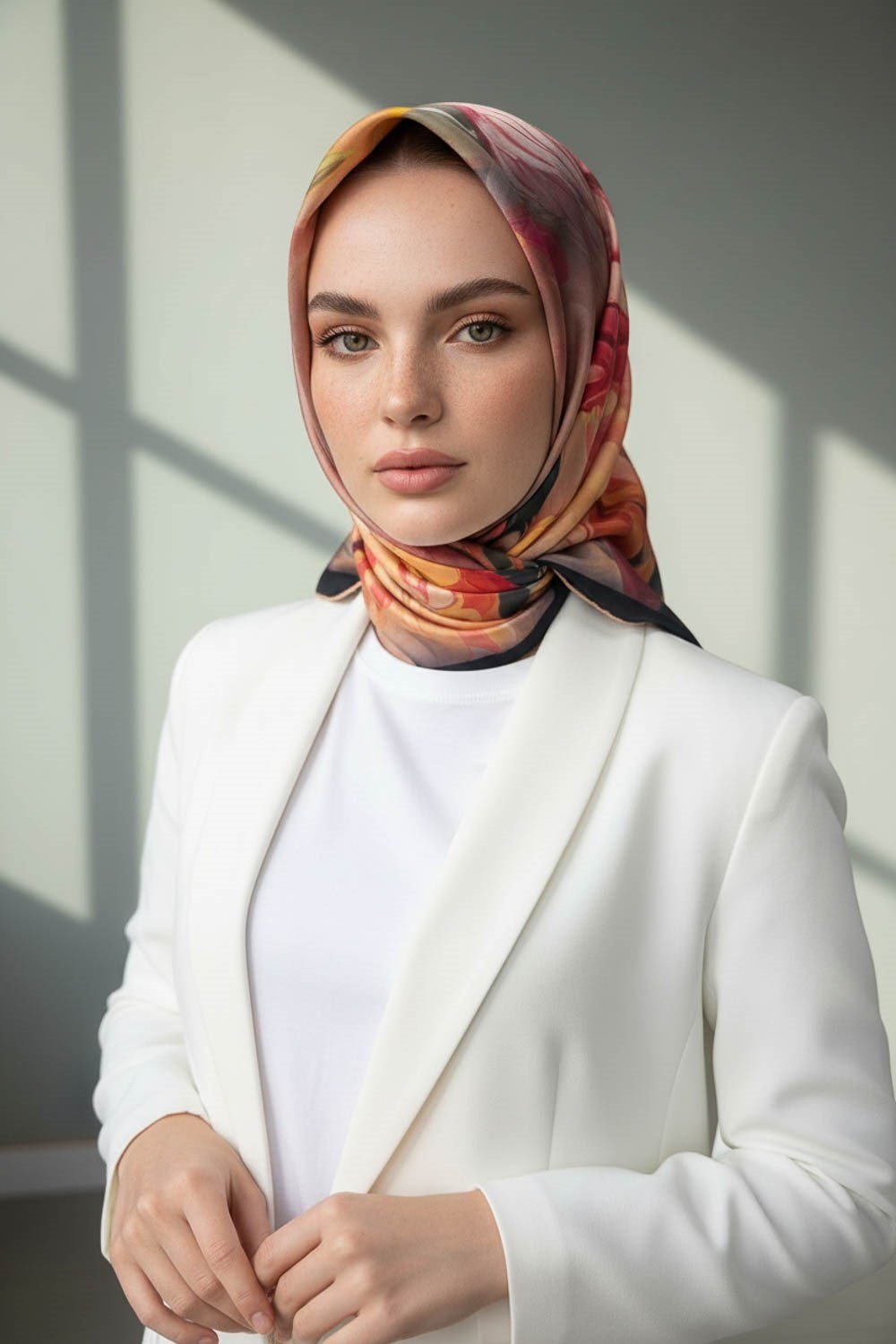 %100 Twill İpek Dumanlı Çiçek Desenli Somon Renkli 90x90 Eşarp Kenar Dikiş Şekli El Dikişli