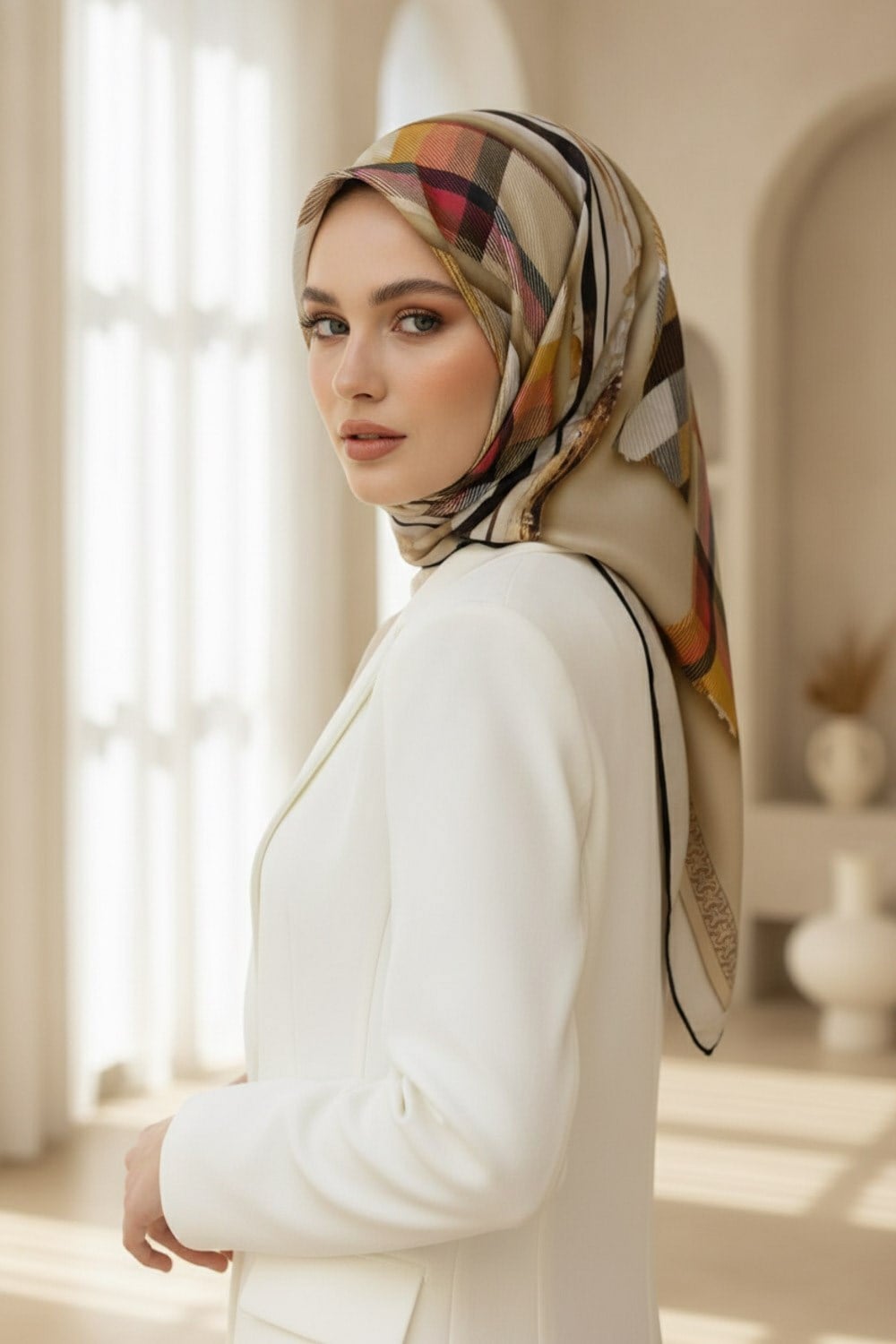 %100 Twill İpek Ekose Desenli Taş - Kırmızı Renkli 90x90 Eşarp Dikim Şekli : El Dikişi