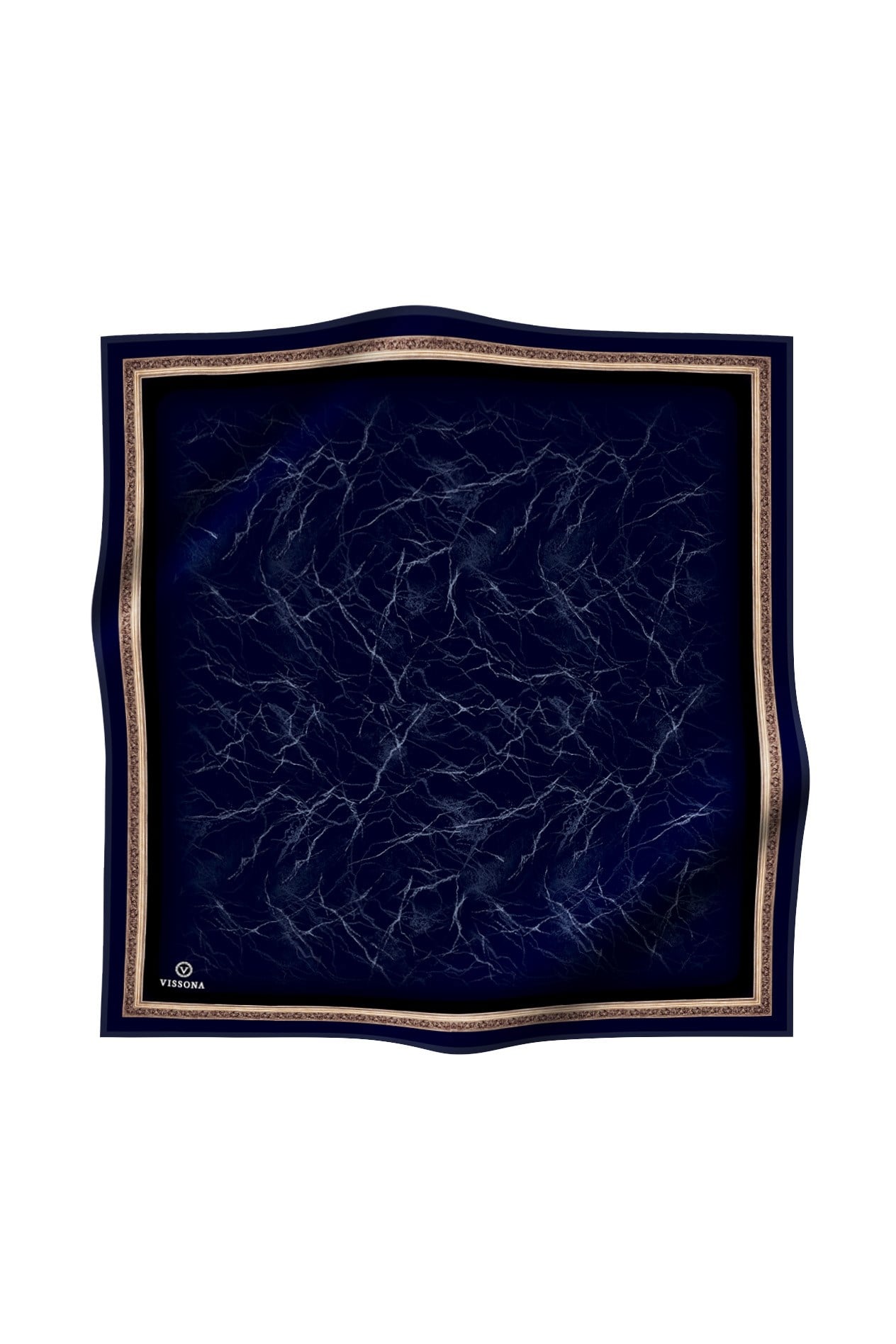 %100 Twill İpek Mermer Desenli Lacivert Renkli 90x90 Eşarp Dikim Şekli : El Dikişi