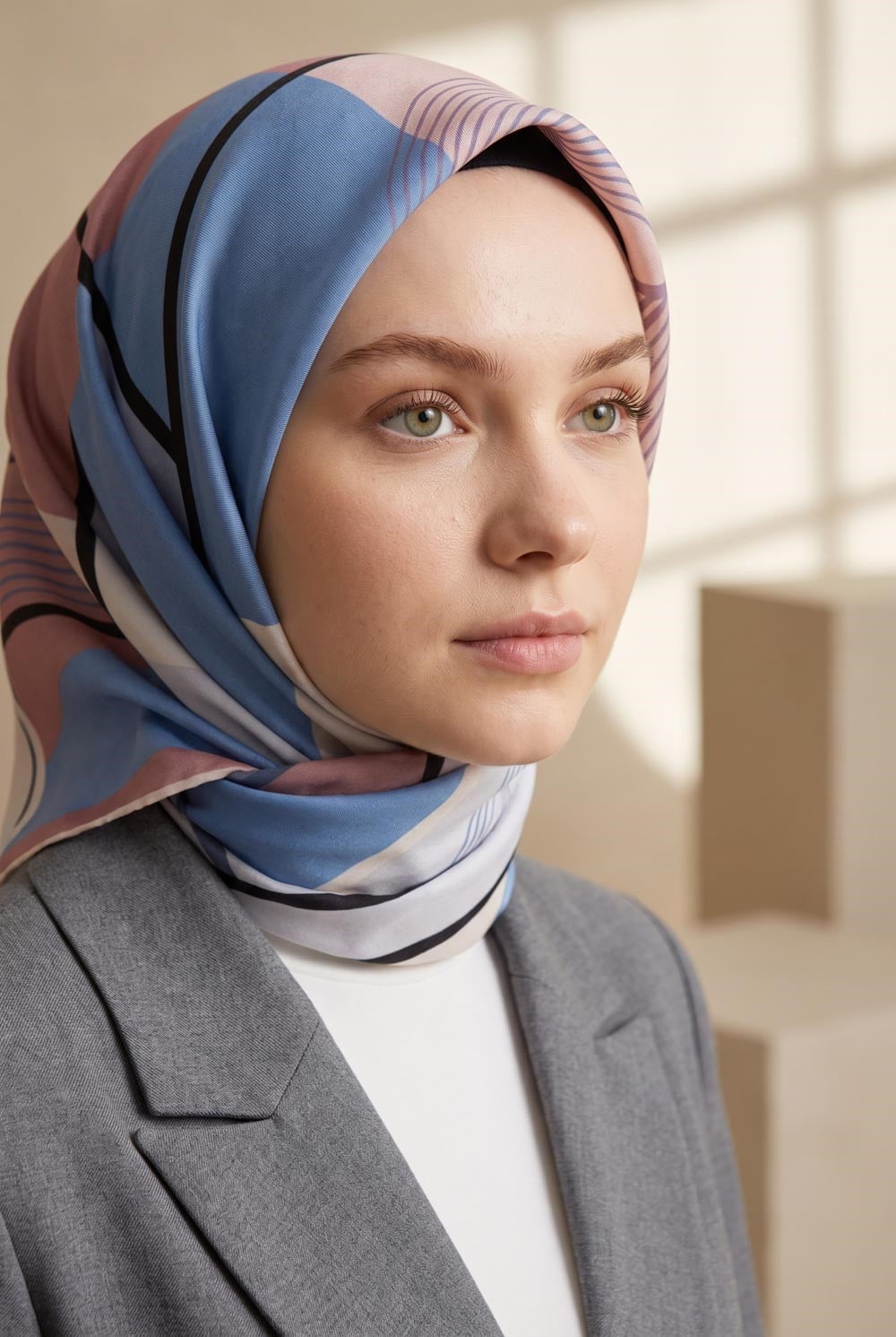 %100 Twill İpek Geometrik Desenli Pudra - Bebe Mavisi Renkli 90x90 Eşarp Dikim Şekli : El Dikişi