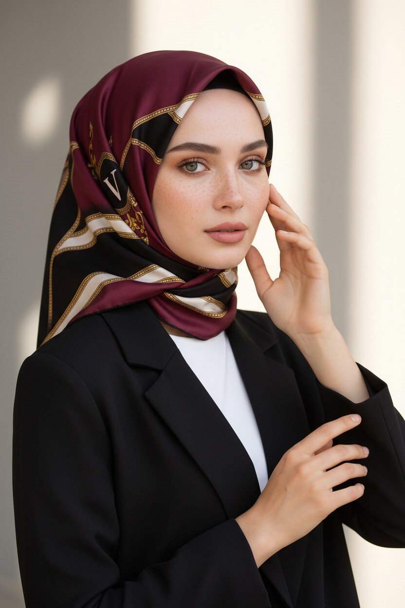 %100 Twill İpek Baroklu Ve Geometrik Desenli Bordo - Siyah Renkli 90x90 Eşarp Dikim Şekli : El Dikişi