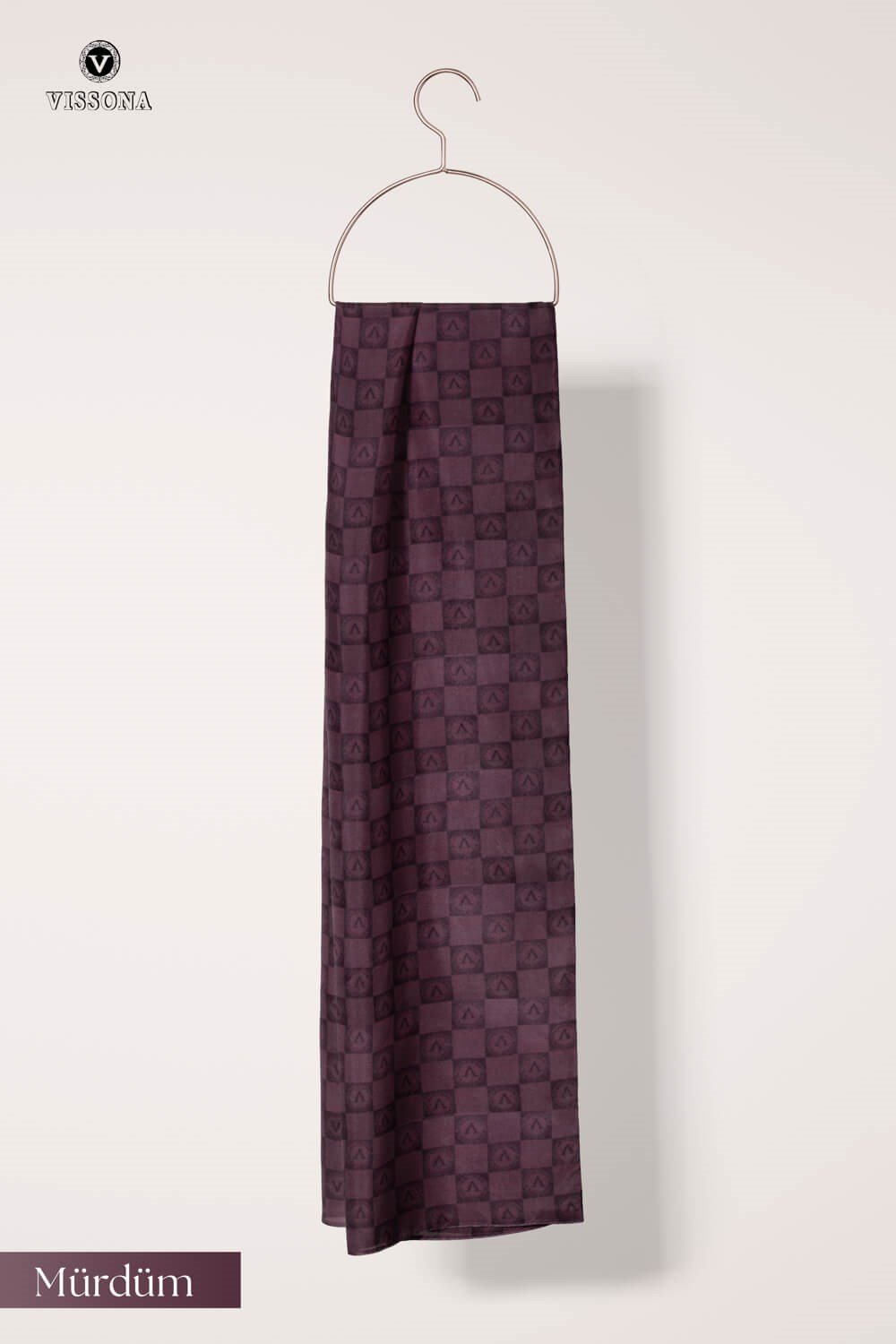 Vissona %57 İPEK %43 PAMUK Monogram Desenli Mürdüm Renkli Şal -  70x190 Dikiş Tipi İtalyan Dikişli