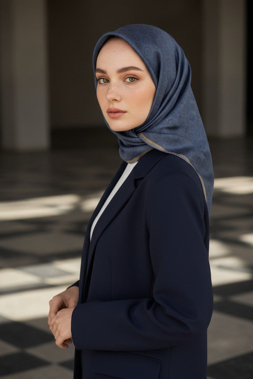 %100 Twill İpek Monogram Desenli İndigo Renkli 90x90 Eşarp Dikim Şekli : El Dikişi