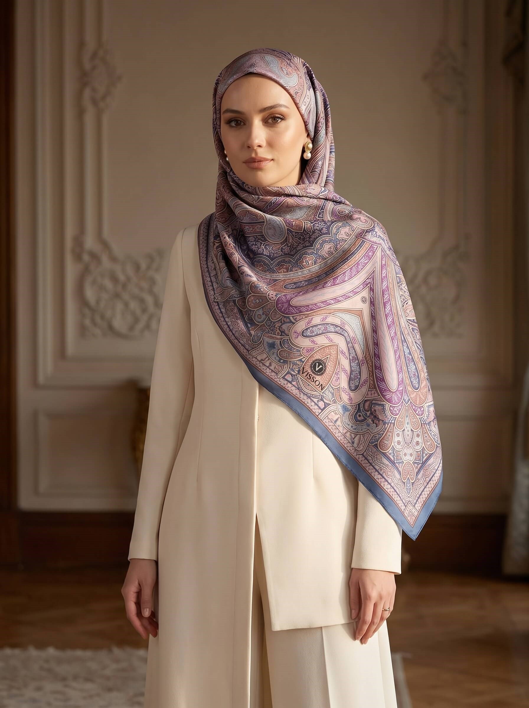 %100 Saf İpek Şal İnce Saten Vual Dokuma Etro Desenli Saks - Pembe Renkli 90x210 Şal