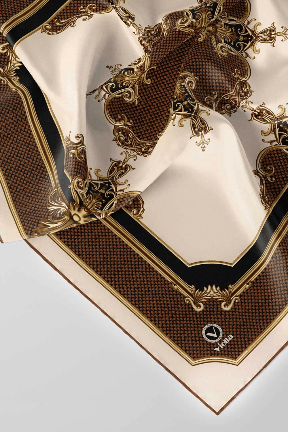 Twill Barok Desenli Bakır Renkli 90x90 Eşarp (İpek İçermez) Dikim Şekli : El Dikişi