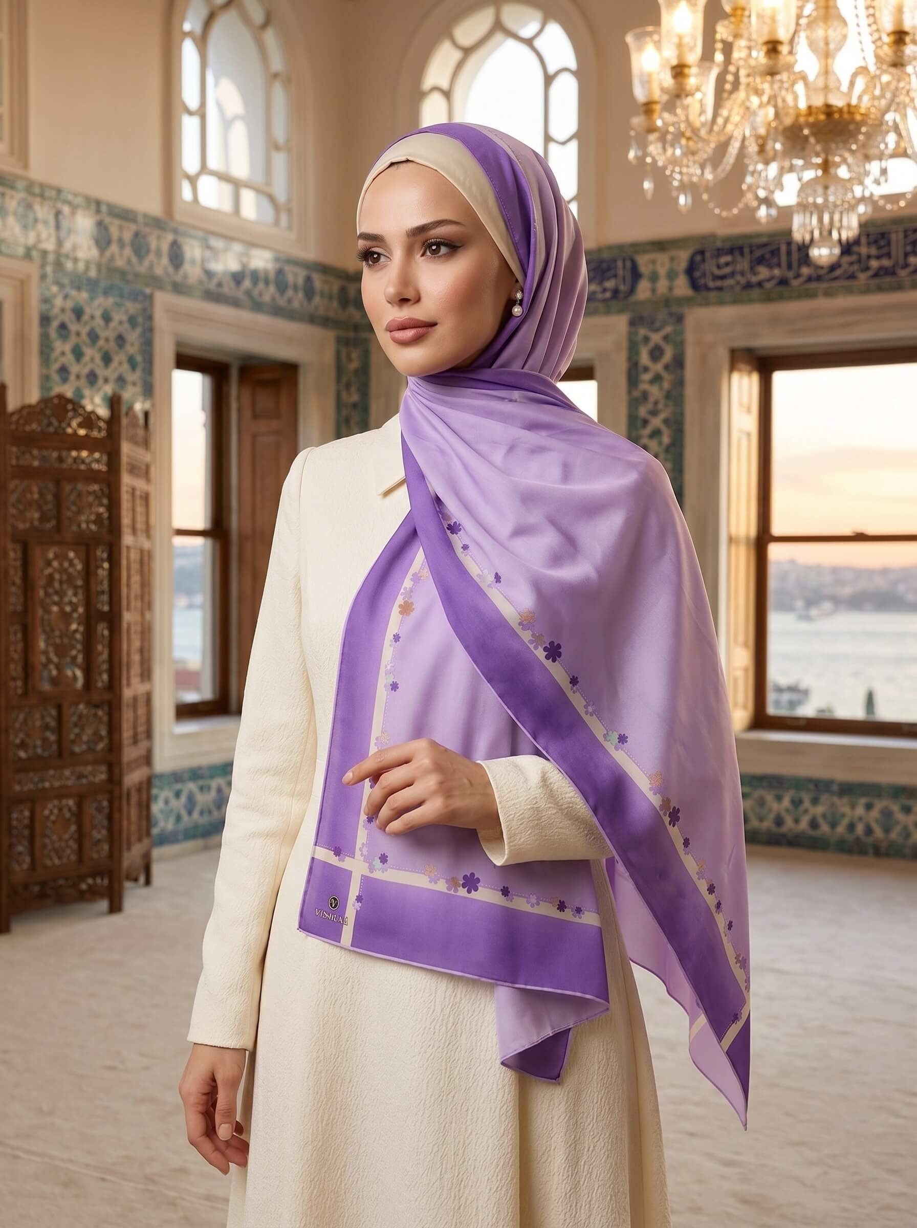 %100 Saf İpek Şal İnce Saten Vual Dokuma Çiçek Desenli Lila Renkli 90x210 Şal