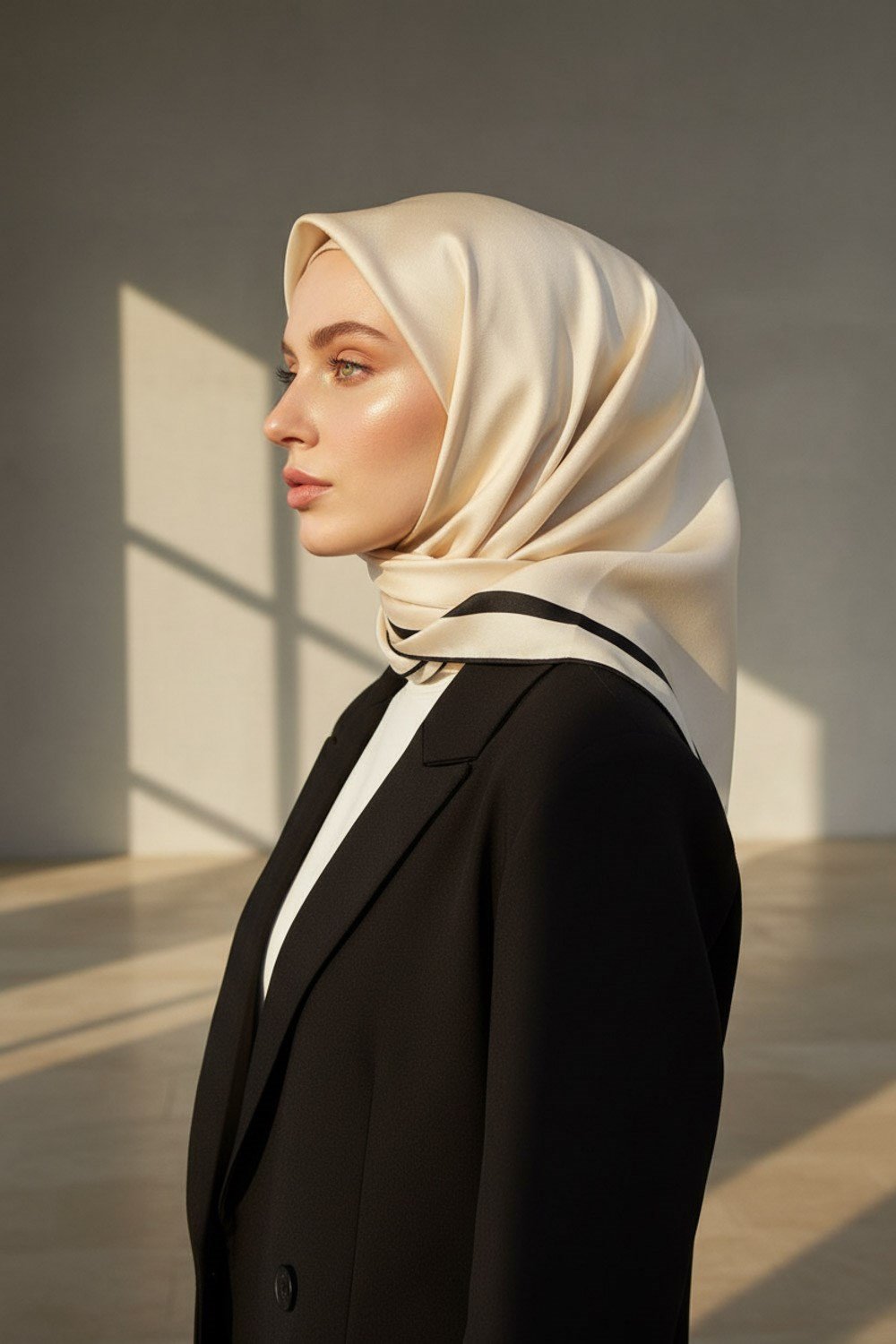 100% Twill İpek Düz Renk Bordür Desenli Krem - Siyah Renkli Daha Tok Exclusive Serisi 90x90 Dikim Şekli : El Dikişi Eşarp