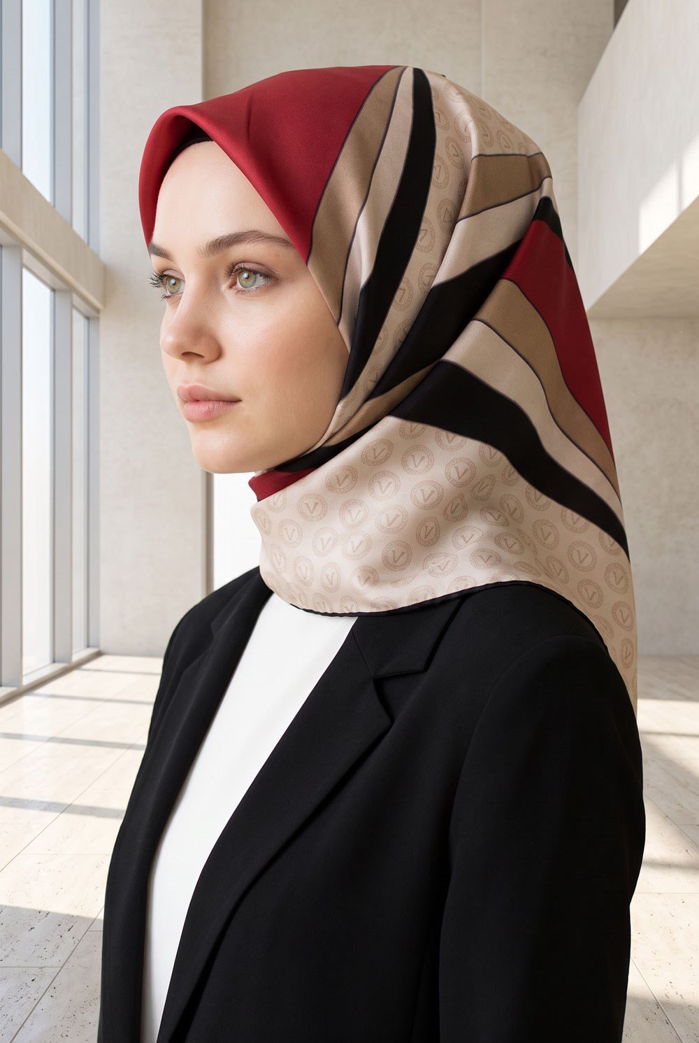 %100 Twill İpek Monogram Ve Geometrik Desenli Bordo - Krem Renkli 90x90 Eşarp Dikim Şekli : El Dikişi