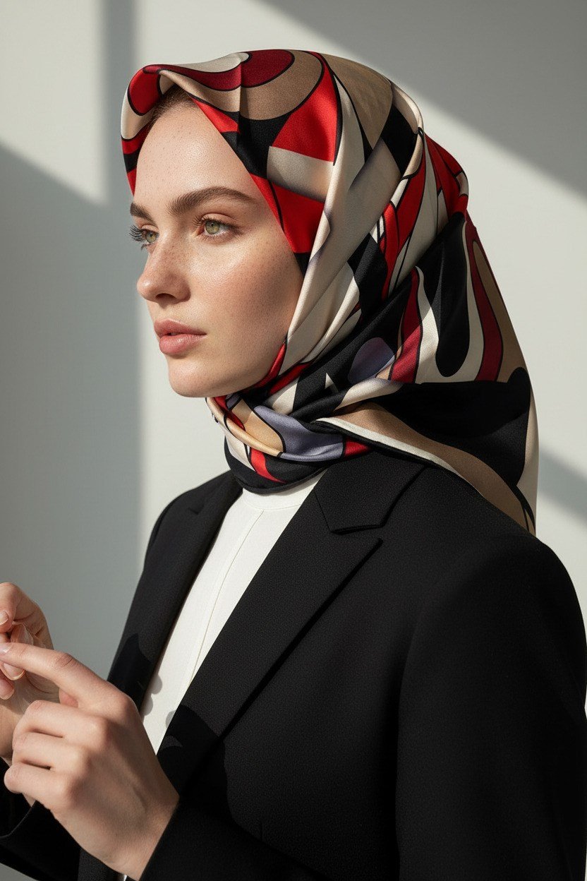 % 57 İPEK % 43 VİSKON Twill İpek Geometrik Desenli Bej - Kırmızı Renkli 90x90 Dikim Şekli : El Dikişi Eşarp