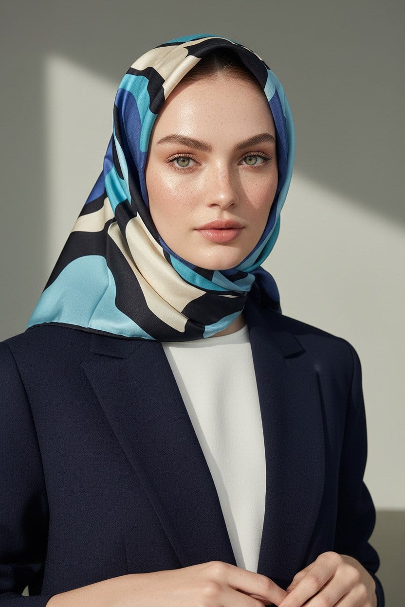 100% Twill İpek Dalga Desenli İndigo - Petrol Mavisi Renkli 90x90 Dikim Şekli : El Dikişi Eşarp