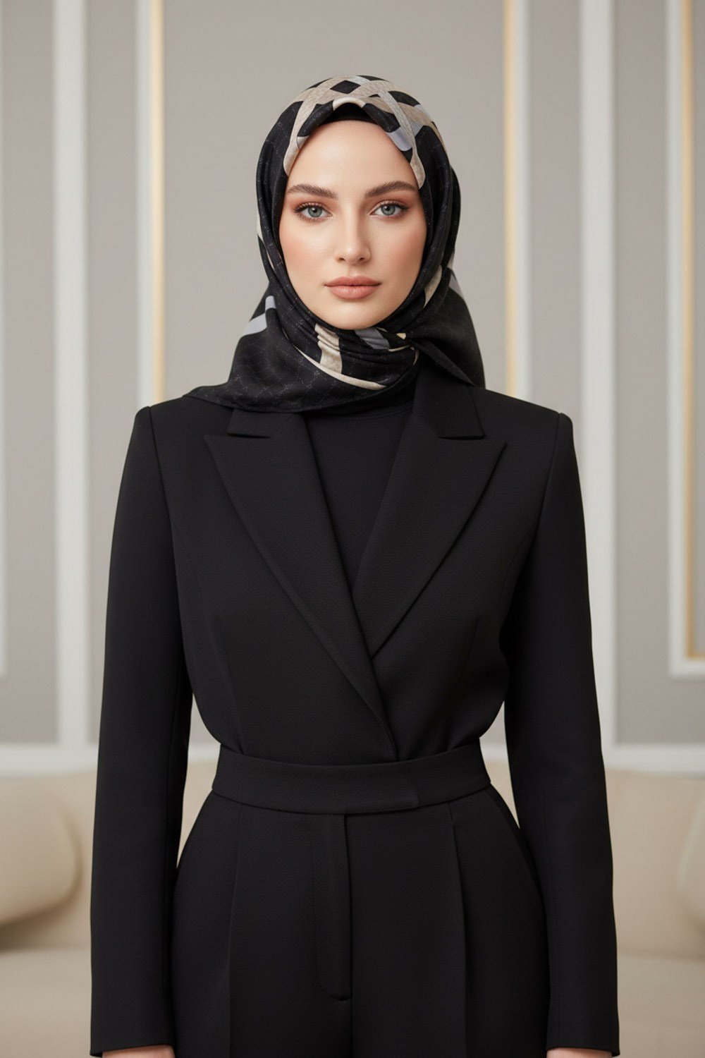 %57 İPEK %43 VİSKON Twill İpek Monogram Ve Şerit Desenli Siyah - Bej Renkli 90x90 Eşarp Dikim Şekli : El Dikişi