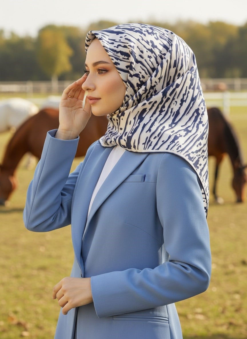 %100 Twill İpek Çizgi Desenli Krem - Lacivert Renkli 90x90 Eşarp Dikim Şekli : El Dikişi