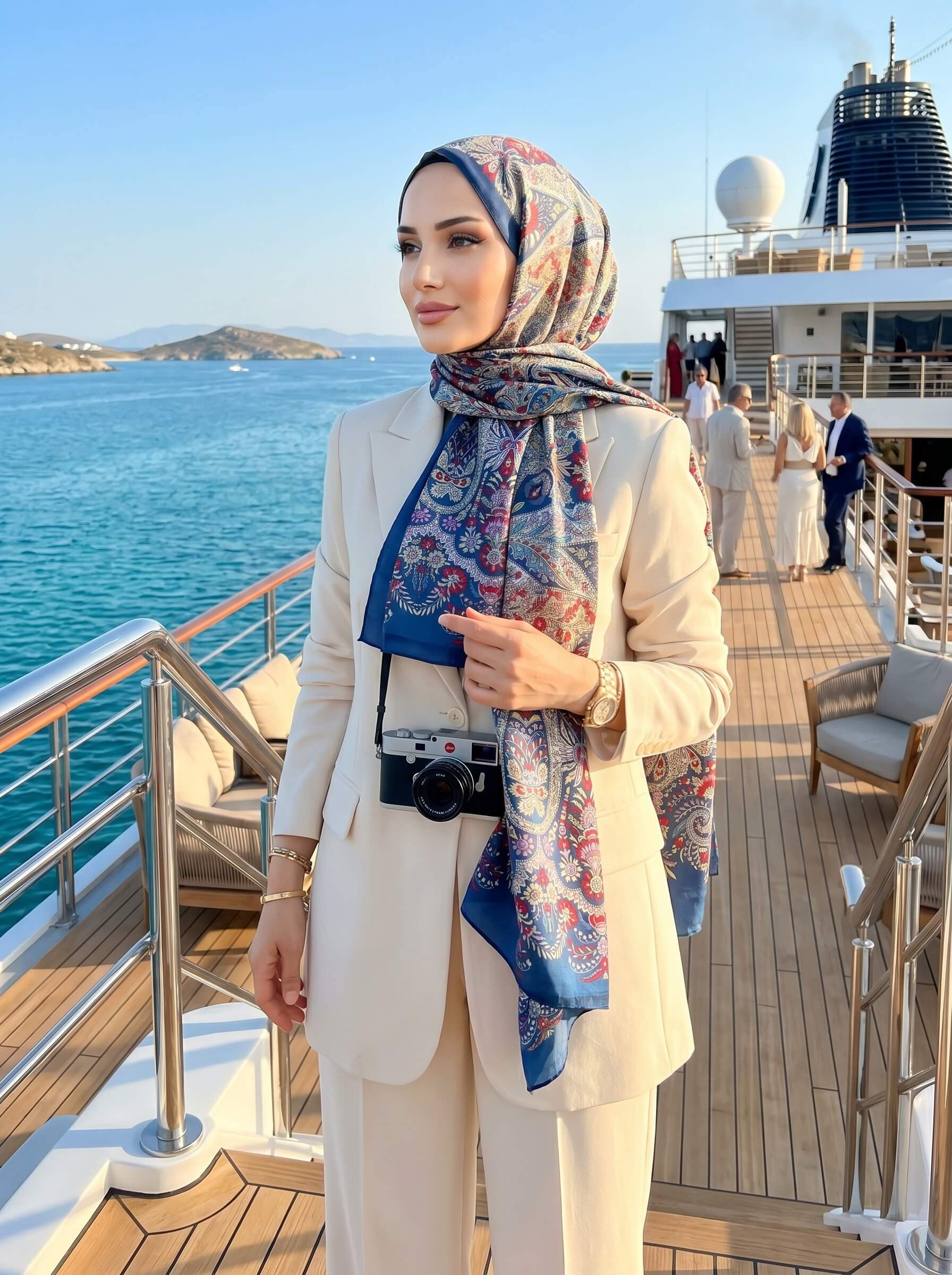 %100 Saf İpek Şal İnce Saten Vual Dokuma Etro Desenli Lacivert - Kırmızı Renkli 90x210 Şal