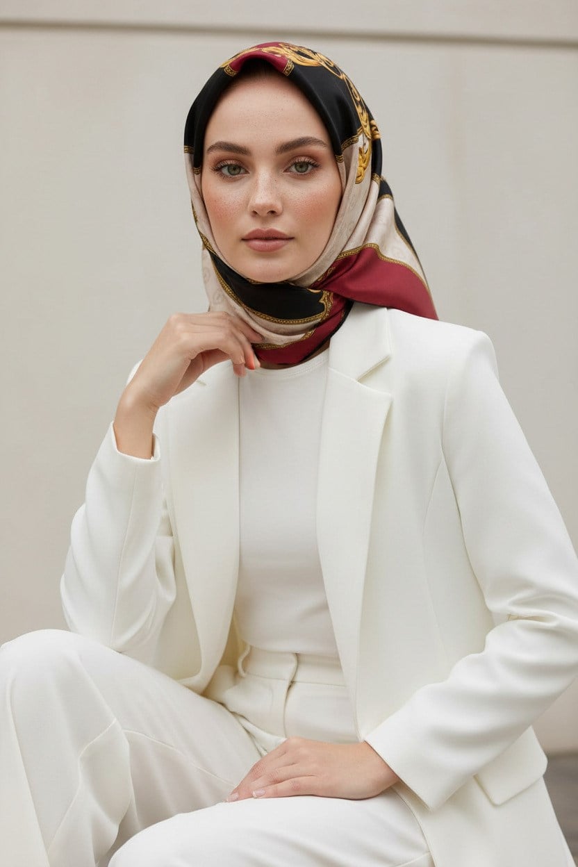 %100 Twill İpek Monogram Ve Barok Desenli Krem - Bordo Renkli 90x90 Eşarp Dikim Şekli : El Dikişi