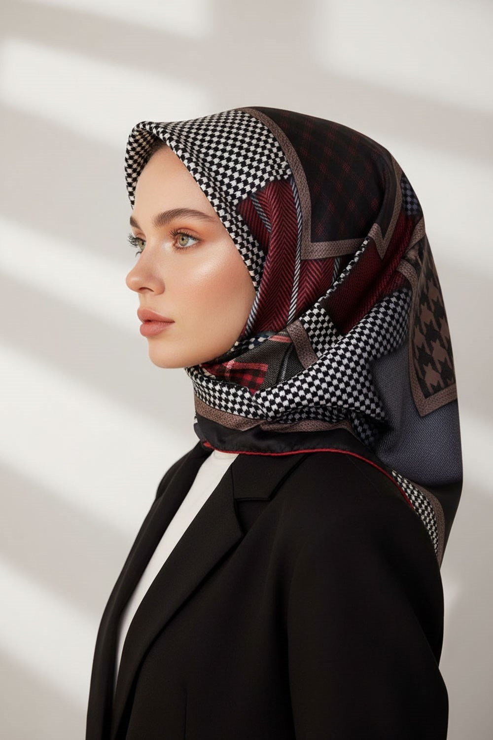 %100 Twill İpek Kazakayaklı Ve Ekose Desenli Siyah - Bordo Renkli 90x90 Eşarp Dikim Şekli : El Dikişi