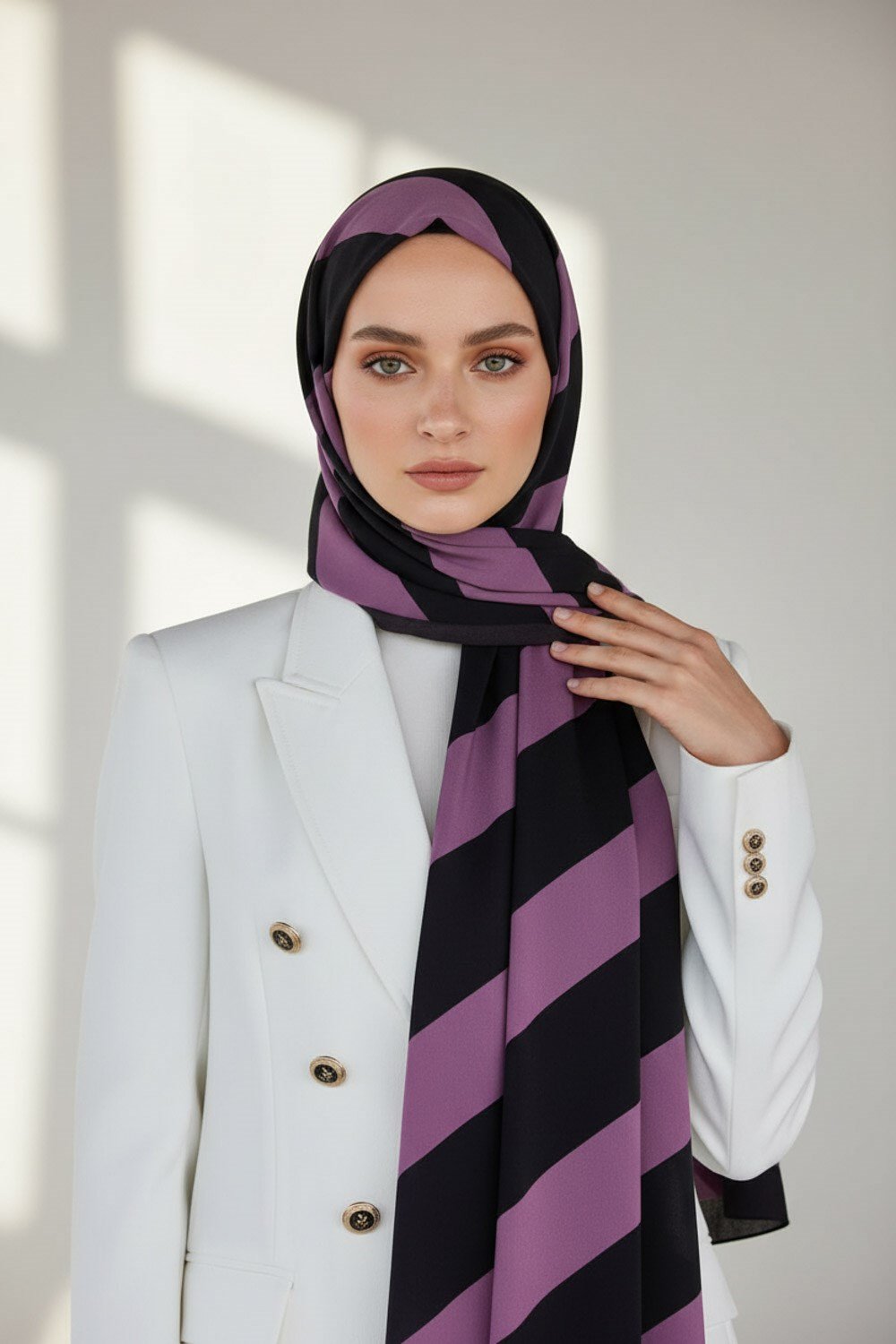 KREP ÇİZGİLİ DESENLİ SİYAH - GÜL KURUSU RENKLİ 75X195 KIRIŞMAZ ŞAL