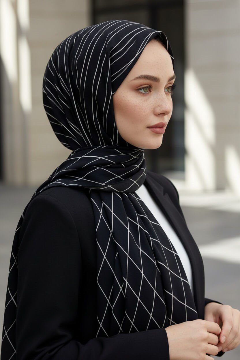 KREP GEOMETRİK DESENLİ SİYAH RENKLİ 75X195 KIRIŞMAZ ŞAL
