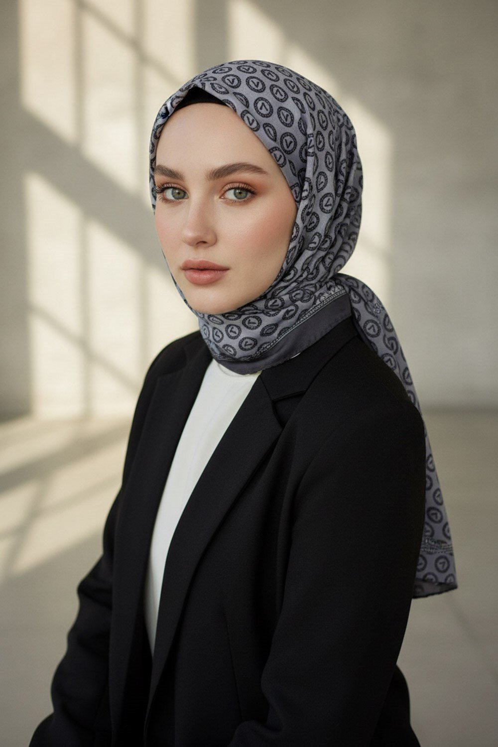 KREP MONOGRAM DESENLİ GRİ RENKLİ 75X195 KIRIŞMAZ ŞAL