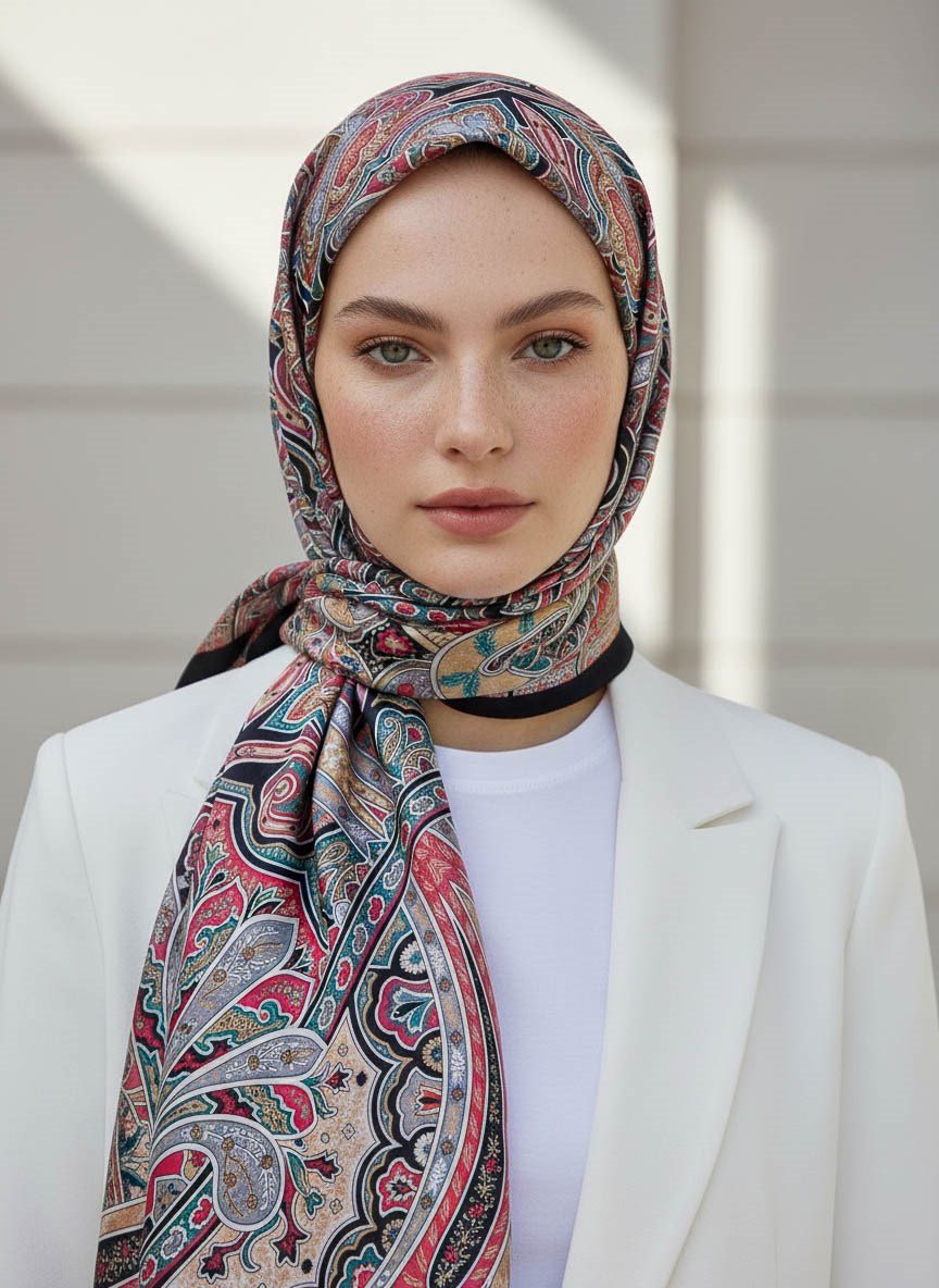 %100 Saf İpek Şal İnce Saten Vual Dokuma Etnik Desenli Siyah - Bordo Renkli 90x210 Şal