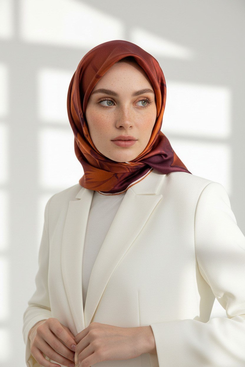 100% Twill İpek Çiçek Desenli Taba Renkli 90x90 Dikim Şekli : El Dikişi Eşarp