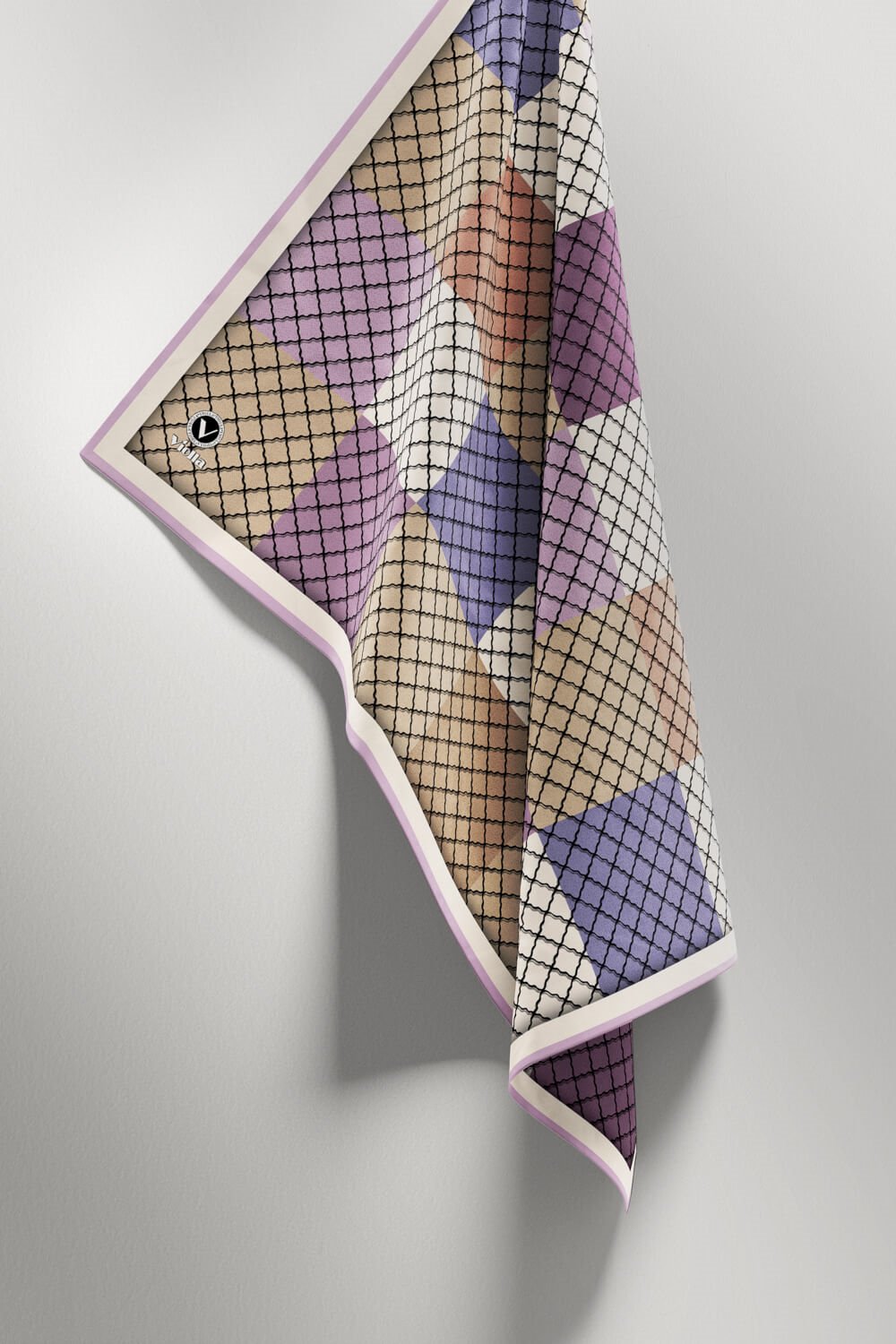 Twill Kare Desenli Lila Renkli 90x90 Eşarp (İpek İçermez) Kenar Dikiş Şekli El Dikişli