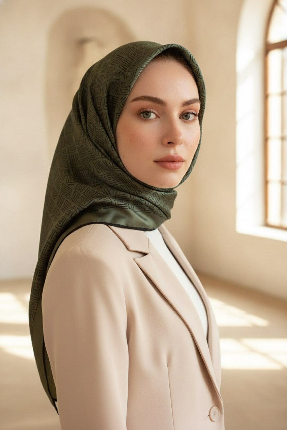 %57 İPEK %43 VİSKON Twill İpek Etnik Motif Desenli Haki - Siyah Renkli 90x90 Eşarp Dikim Şekli : El Dikişi