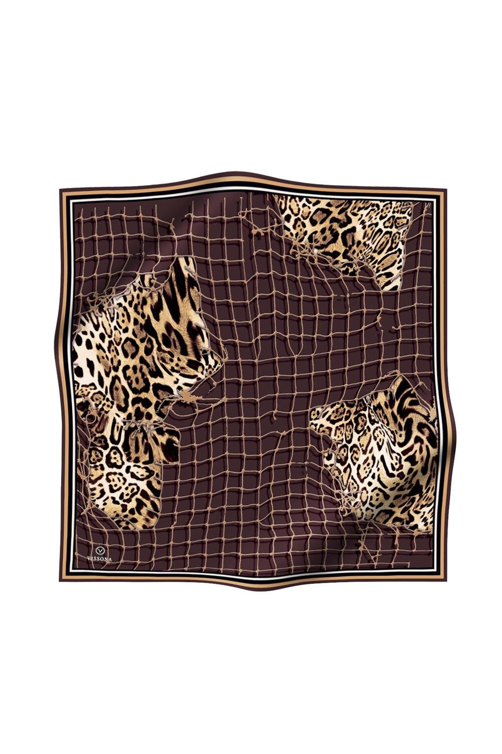 %100 Twill İpek Leopar Desenli Sütlükahverengi Renkli 90x90 Eşarp Dikim Şekli : El Dikişi