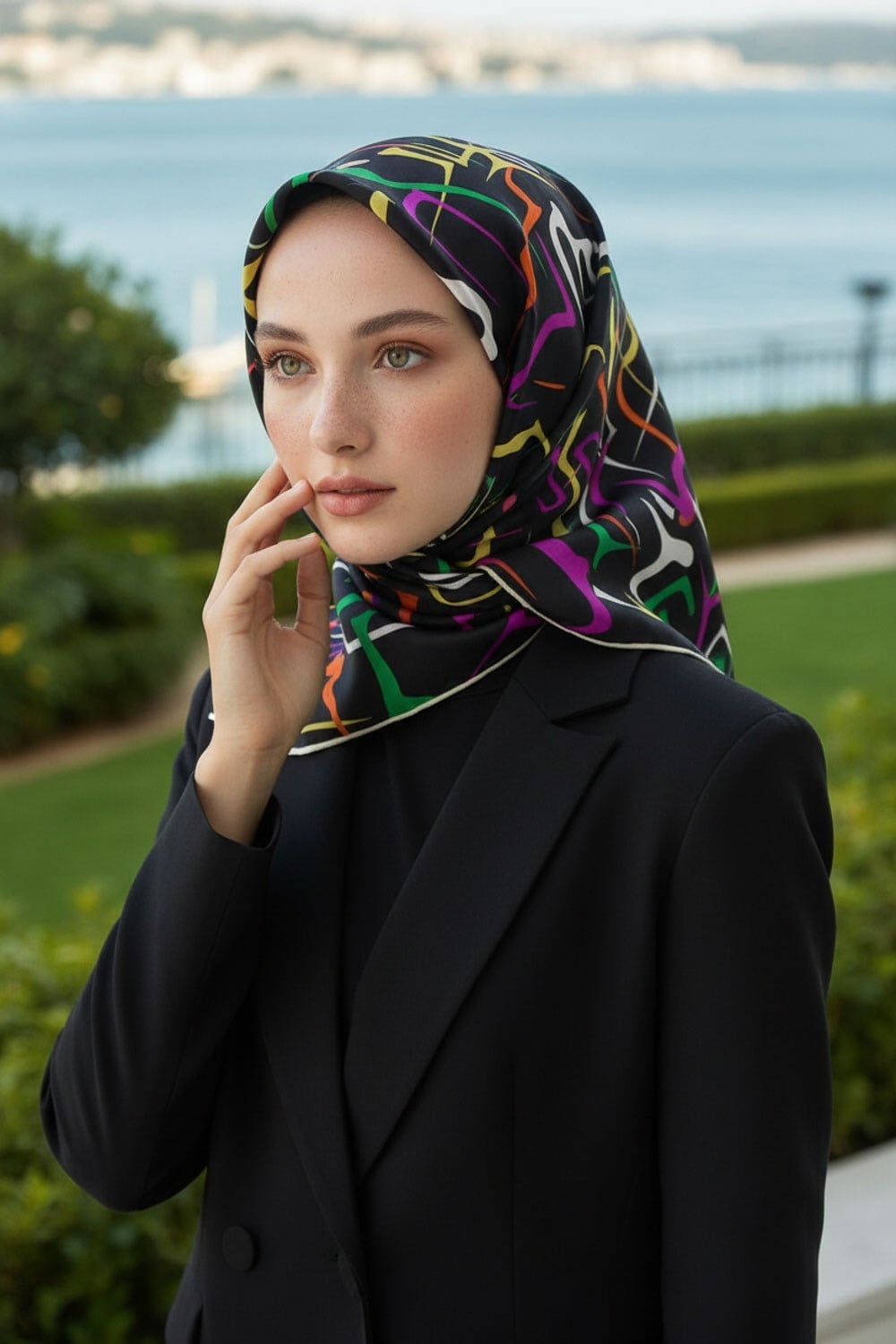 % 57 İPEK % 43 VİSKONTwill İpek Soyut Geometrik Desenli Fuşya - Sarı Renkli 90x90 Eşarp Dikim Şekli : El Dikişi