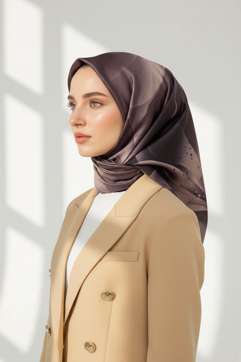 %100 Twill İpek Çiçek Desenli Bej Renkli 90x90 Eşarp Dikim Şekli : El Dikişi