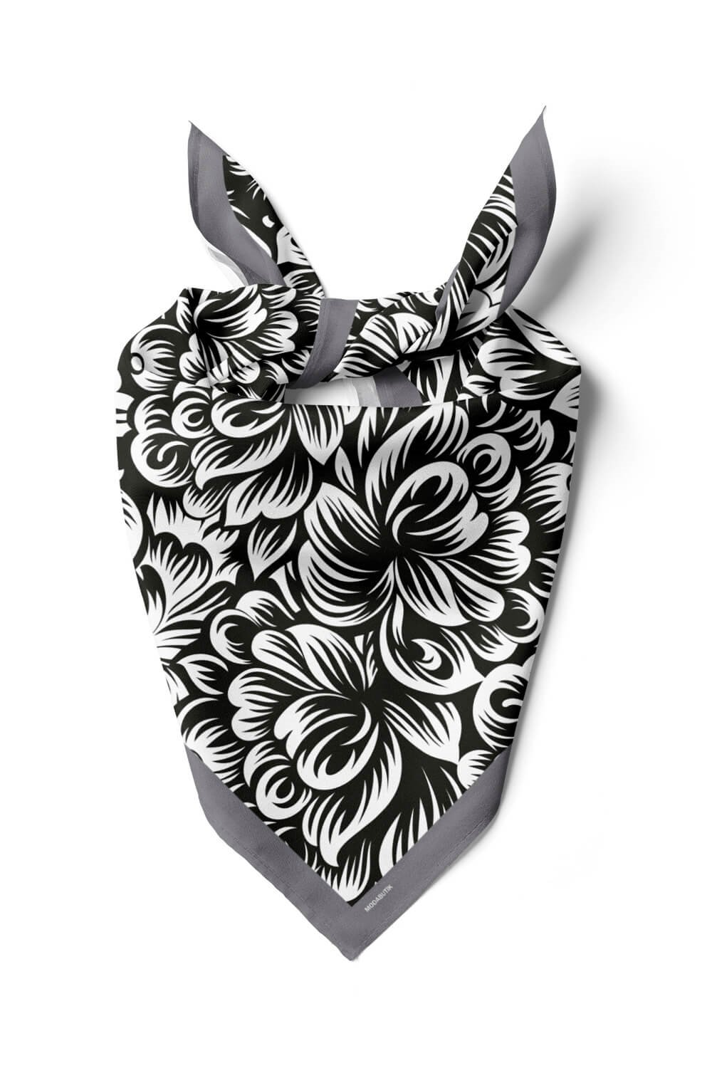 A80 Kadın Çiçek Desenli Bandana 50x50 Siyah Beyaz DG0409-22