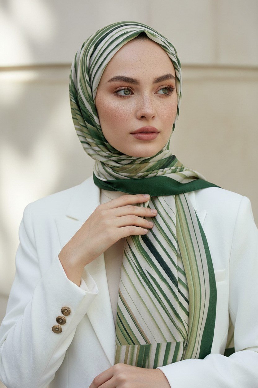KREP ÇİZGİLİ DESENLİ ZÜMRÜT YEŞİLİ RENKLİ 75X195 KIRIŞMAZ ŞAL